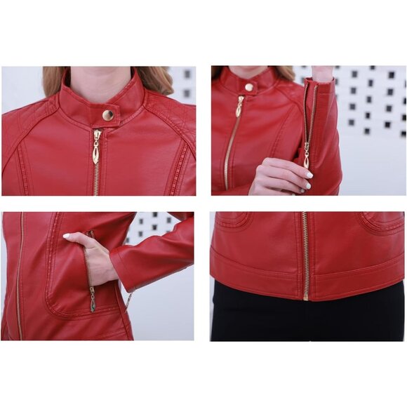 🆕 Women Red Trendy Faux Leather Jacket Moto Short Metal Zipper Fashion PU Coat - Picture 6 of 7